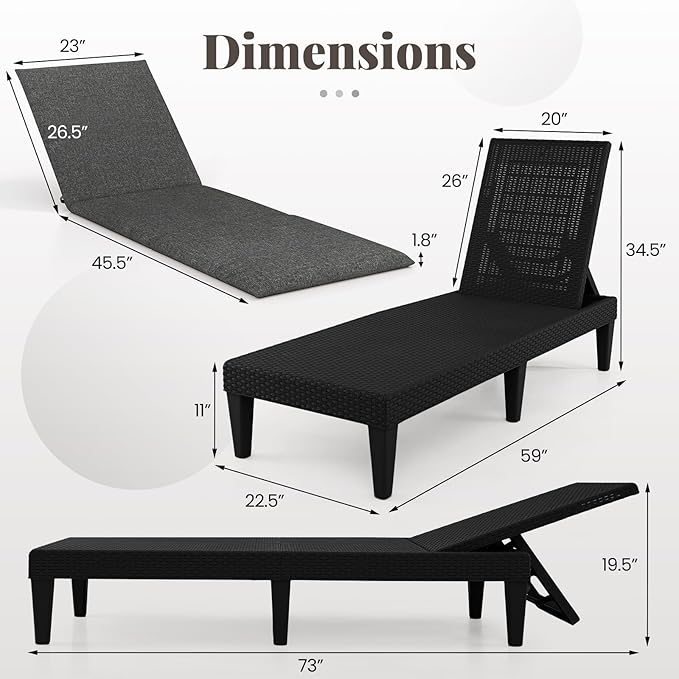 HAPPYGRILL Outdoor Chaise Lounge Chair Rattan Recliner Lounger with Removable Cushion & 3-Level Adjustable Backrest - Photo 3