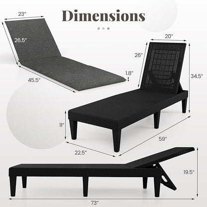HAPPYGRILL Outdoor Chaise Lounge Chair Rattan Recliner Lounger with Removable Cushion & 3-Level Adjustable Backrest, Patio Tanning Chair (Black & Grey,1)