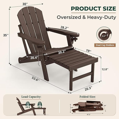 BRIOPAWS Adirondack-Chair-with-Pull-Out-Footrest | Folding | HDPE Plastic | Fire Pit Chairs | All Weather | Cup Holders | Curved Back | Retractable Ottoman | for Outdoor Deck Poolside | Dark Brown
