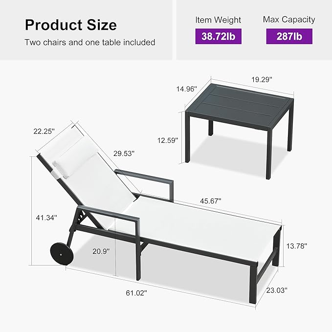 PURPLE LEAF Patio Lounge Chair Set of 3 Outdoor Chaise Lounger Aluminum Frame with Armrest Side Table and Wheels for - Photo 9