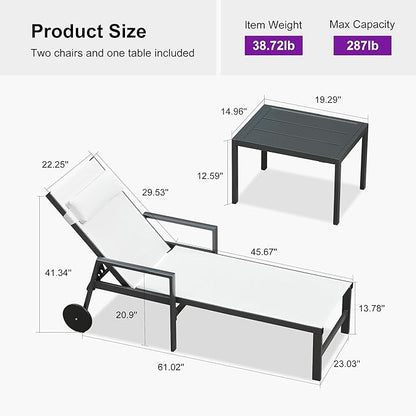PURPLE LEAF Patio Lounge Chair Set of 3 Outdoor Chaise Lounger Aluminum Frame with Armrest Side Table and Wheels for Pool Outside Sunbathing Tanning Recliner Including Pillows White