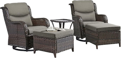 Rilyson Wicker Patio Furniture Set - 5 Piece Rattan Outdoor Sectional Conversation Sets with 2 Swivel Rocking Chairs,2 Ottomans and 1 Side Table for Porch Deck Garden(Brown/Grey/Smile)