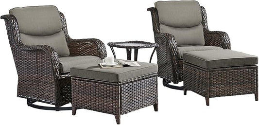 Rilyson Wicker Patio Furniture Set - 5 Piece Rattan Outdoor Sectional Conversation Sets with 2 Swivel Rocking Chairs,2 Ottomans and 1 Side Table for Porch Deck Garden(Brown/Grey/Smile)