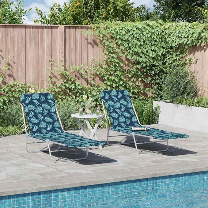 Folding Sun Lounger Set of 2 with Adjustable Backrest 71.7 x 21.7 in Powder-Coated Steel Frame Leaf Pattern Green - Photo 2