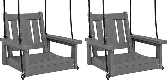 SERWALL HDPE Single Porch Swing Set of 2, Heavy Duty Single Person Swing Chair with 2 Polypropylene Hanging Ropes, Adirondack Hanging Chair for Outdoor Front Porch Patio Garden Yard, Gray