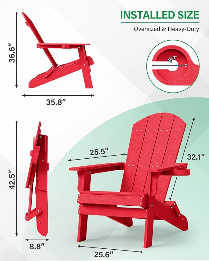 YEFU Adirondack Chair, Oversized Plastic Adirondack Chairs Folding Outdoor Chairs with Cup Holder - Photo 3