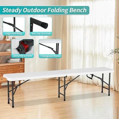 6 Feet Folding Bench Seat Plastic Portable with Metal Legs, Outdoor Rustic Practical Bench w/Handle & Lock, 3-4 People Sturdy Seat for Indoor/Outdoor Party Garden Camping Dining Picnic Use 2 Pack