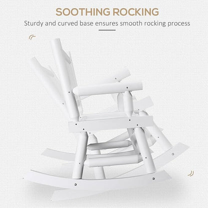 Outsunny 2-Person Wood Rocking Chair with Log Design, Heavy Duty Loveseat with Wide Curved Seats for Patio, Backyard, Garden, White