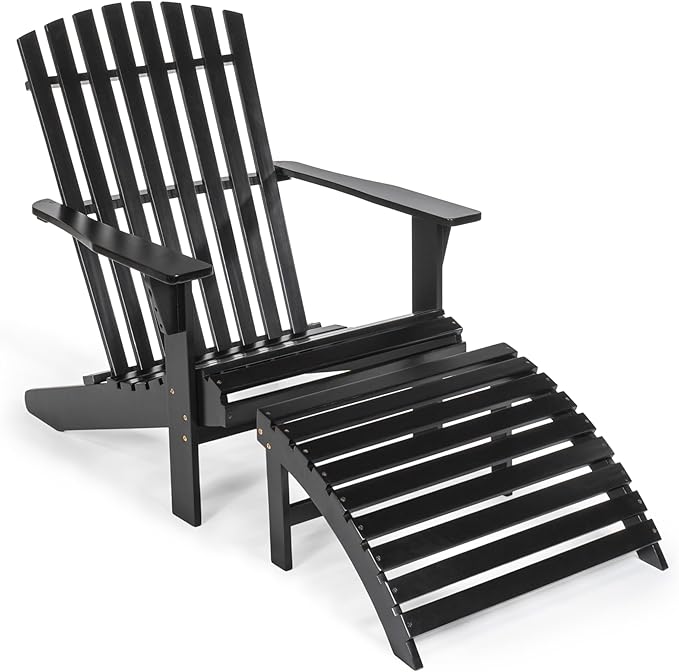 JONATHAN Y ADK1000C Saranac 2-Piece Traditional Rustic Acacia Wood Adirondack Chair with Detachable Ottoman Classic, Coastal, Cottage, Vintage, Farmhouse, Black