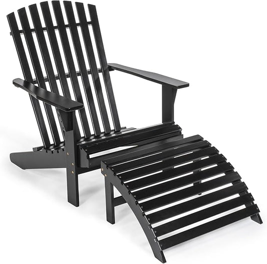 JONATHAN Y ADK1000C Saranac 2-Piece Traditional Rustic Acacia Wood Adirondack Chair with Detachable Ottoman Classic, Coastal, Cottage, Vintage, Farmhouse, Black