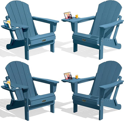 SERWALL Foldable Adirondack Chair Set of 4, HIPS Adirondack Chairs with 4 in 1 Cup Holder, Weather Resistant Fire Pit Chair for Patio, Garden, Outdoors, Poolside - Blue