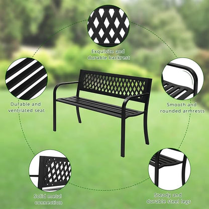 47" Heavy-Duty Iron Outdoor Bench with PVC Backrest – Weather-Resistant, 550lbs Capacity, Comfortable Curved Seat for Garden, Patio, Porch, Park – Easy Assembly, Black