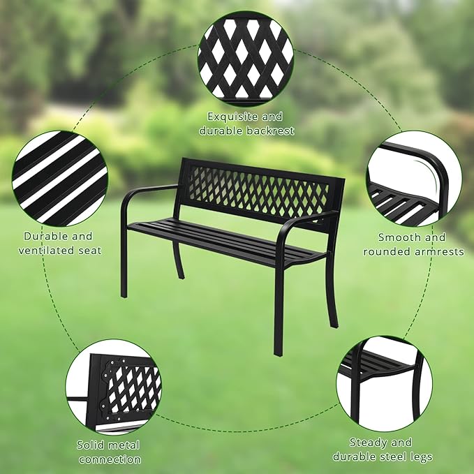 47in Outdoor Metal Porch Benches,Weatherproof Patio Park Bench,Outside Leisure Bench,Outdoor Garden Park Bench,with Mesh Back and Armrests,for Lawn, Deck, Path, Backyard, Entryway (Black)