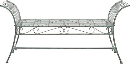 SAFAVIEH Outdoor Collection Hadley Victorian Scroll Antique Dark Green Wrought Iron Bench