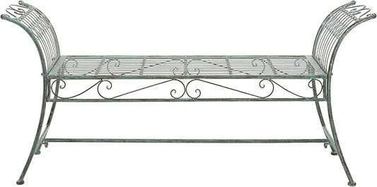 SAFAVIEH Outdoor Collection Hadley Victorian Scroll Antique Dark Green Wrought Iron Bench