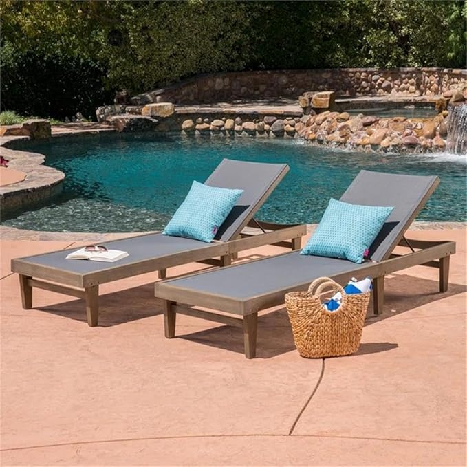 Christopher Knight Home Shiny Outdoor Wood Chaise Lounge (Set of 2), Grey Finish/Dark Grey Mesh