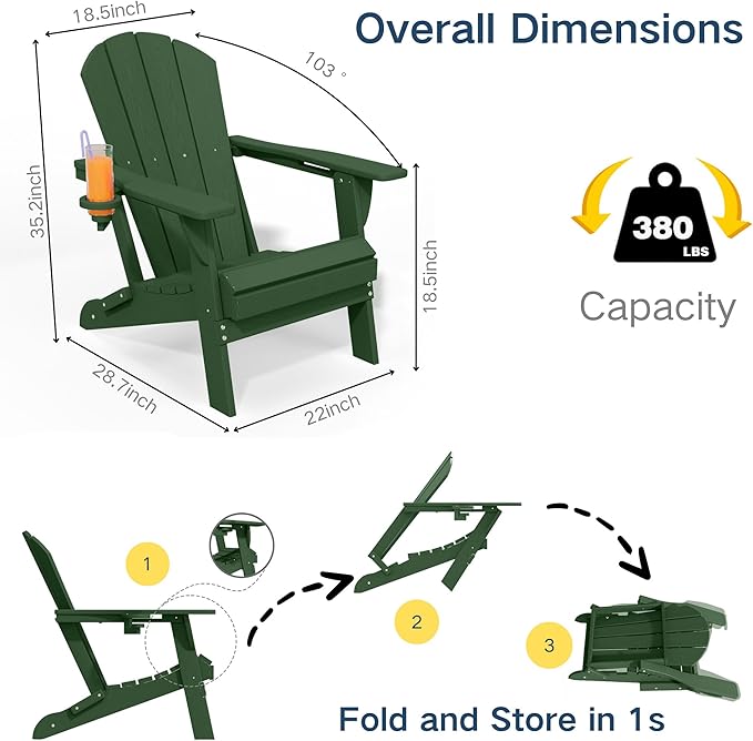 Foldable Adirondack Chair with Cup Holder-Heavy Duty Recycled HDPE Outdoor Patio Furniture, Weather Resistant Deck Lawn Fire Pit Chair (Dark Green, 1 Chair)
