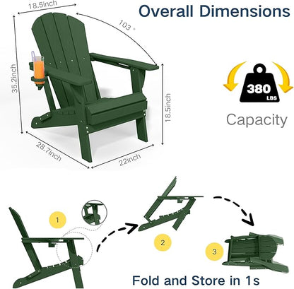 Foldable Adirondack Chair with Cup Holder-Heavy Duty Recycled HDPE Outdoor Patio Furniture, Weather Resistant Deck Lawn Fire Pit Chair (Dark Green, 1 Chair)