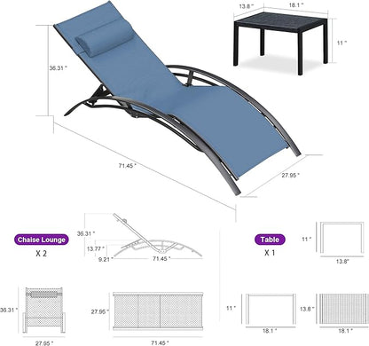 PURPLE LEAF Patio Oversized Chaise Lounge Chair Set with Side Table Pool Adjustable Recliner Chairs for Outside Beach Outdoor Sunbathing Tanning Poolside Lounger Chair, Indigo