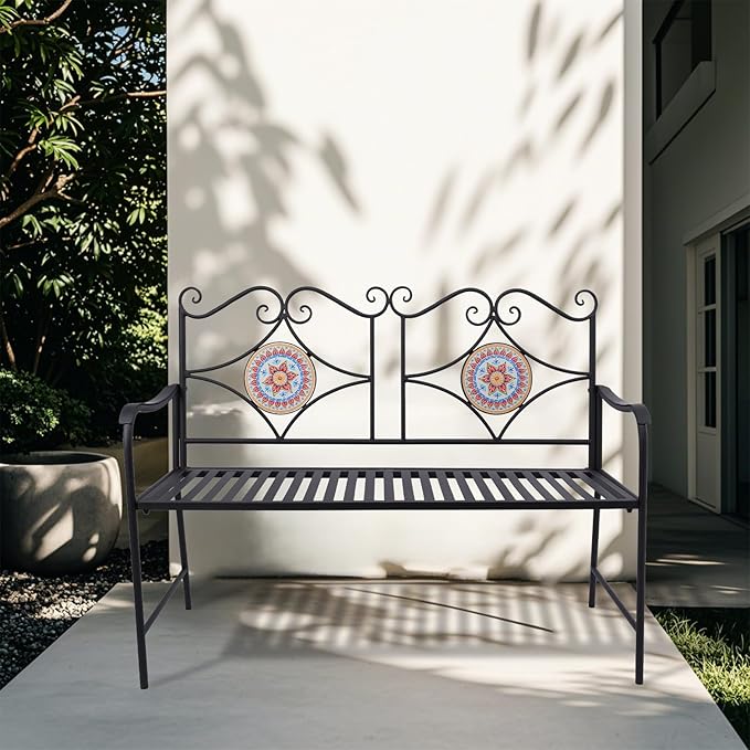 Vipush Outdoor Mosaic Benches - 47Inch Cast Iron Steel Frame Garden Bench Patio Furniture Chair Outdoor Bench Floral Design Backrest, Slatted Seat for Park, Yard & Porch