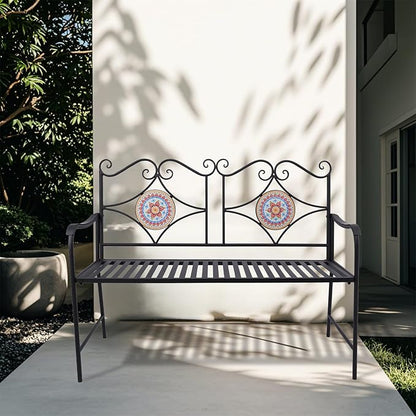 Vipush Outdoor Mosaic Benches - 47Inch Cast Iron Steel Frame Garden Bench Patio Furniture Chair Outdoor Bench Floral Design Backrest, Slatted Seat for Park, Yard & Porch