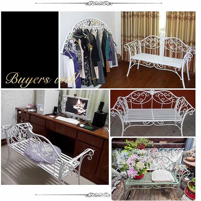 SYUFRE Outdoor Garden Bench Patio Furniture Chair Park Bench with Flower Pattern Backrest, Slatted Seat, Metal Bench Outdoor for Outdoor Porch, Lawn, Balcony, Backyard (Color : White)