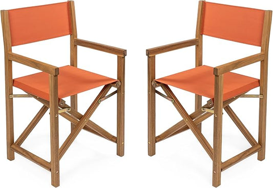 JONATHAN Y DRC1000C-SET2 Cukor Classic Vintage Outdoor Acacia Wood Folding Director Chair with Canvas Seat Classic, Vintage, Mid-Century, Modern, Traditional, Coastal, Orange/Teak Brown (Set of 2)