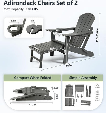 PASAMIC Folding Adirondack Chairs Set of 2 with Retractable Ottoman, 5-Position Adjustable Backrest, HDPE All-Weather Fire Pit Chairs with 2 Hidden Cup Holders, Wood-Look Outdoor Chairs (Grey)