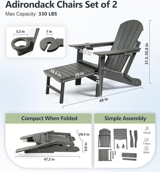 PASAMIC Folding Adirondack Chairs Set of 2 with Retractable Ottoman, 5-Position Adjustable Backrest, HDPE All-Weather Fire Pit Chairs with 2 Hidden Cup Holders, Wood-Look Outdoor Chairs (Grey)