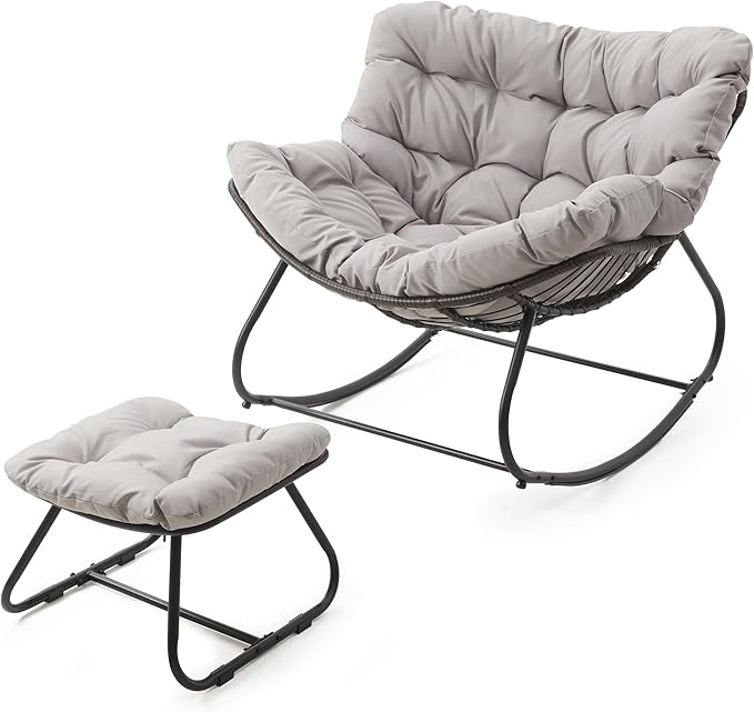 Wisteria Lane Patio Rocking Chair with Ottoman, Outdoor Indoor Rocking Egg Chair with Cushions, Metal Lounge Chair Oversized Papasan Chair, Outdoor Wicker Reading Chair for Porch Garden, Light Grey