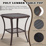 Outdoor Patio Side Table Set of 2 Small Brown Wicker Rattan End Table for Outside Storage Coffee Table with Poly Lumber - Photo 7