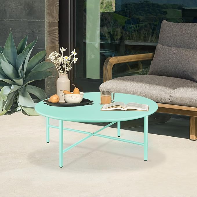Patio Round Steel Patio Coffee Table, Weather Resistant Anti-Rust and Waterproof Indoor and Outdoor Large Side Table, for Garden Living Room Bedroom Balcony (Mint Green)