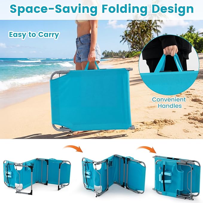 Giantex Face Down Tanning Chair, Folding Beach Lounge Chair w/ 4-Position Adjustable Backrest, Outdoor Sunbathing Lounge Chair w/Face Arm Holes & Storage Pocket for Patio Deck Poolside (2, Turquoise)