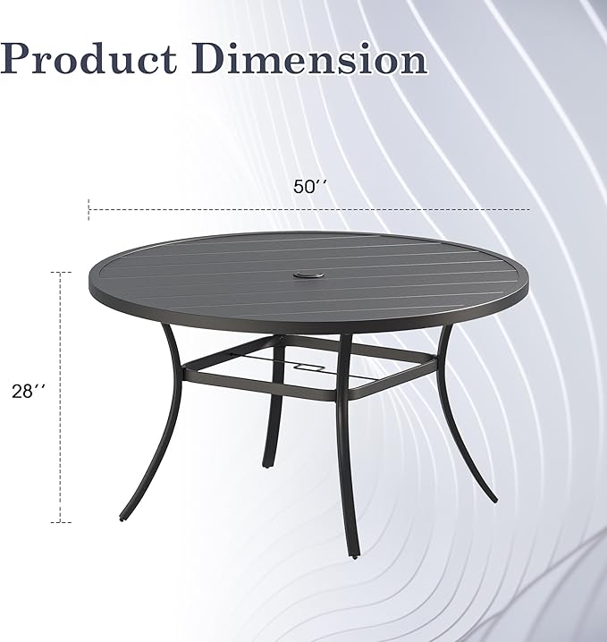 Outdoor Dining Table for 6, 50" Round Outdoor Table with Adjustable Umbrella Hole, All-Weather Metal Patio Dining Table for Lawn Garden Backyard Deck, Black