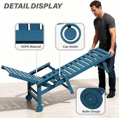 5-Position Adjustable Patio Chaise Lounge - 78'' HDPE Outdoor Lounger with Rolling Wheels & Cup Holder, Longer, Wider, Higher - Perfect for Poolside & Deck, Navy