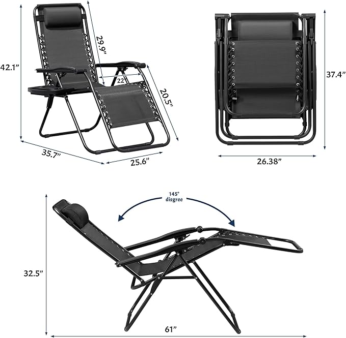 Greesum Zero Gravity Chairs Set of 2 Adjustable Steel Mesh Recliners Beach Deck Lawn Camping Patio Foldable Lounge Chair with Cup Holder Trays and Pillows,Dark Black