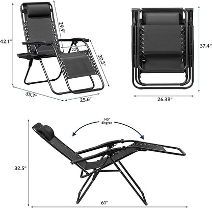 Greesum Zero Gravity Chairs Set of 2 Adjustable Steel Mesh Recliners Beach Deck Lawn Camping Patio Foldable Lounge Chair with Cup Holder Trays and Pillows,Dark Black