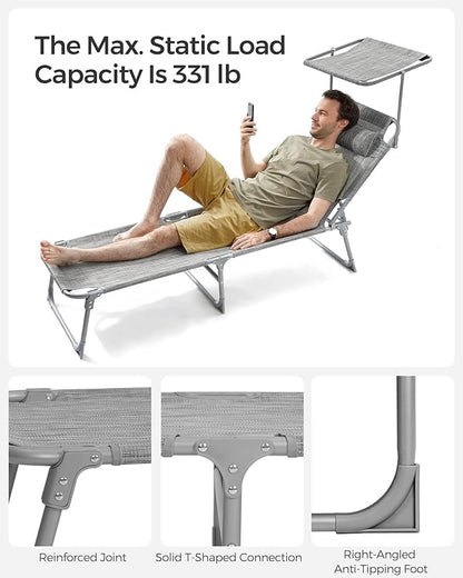 SONGMICS Sun Lounger, Patio Chaise Lounge Chair, Folding, with Canopy, 76 x 20.9 x 11.4 Inches, Holds 330 lb, Headrest, Adjustable Backrest, Outdoor Garden Pool, Greige GCB19T