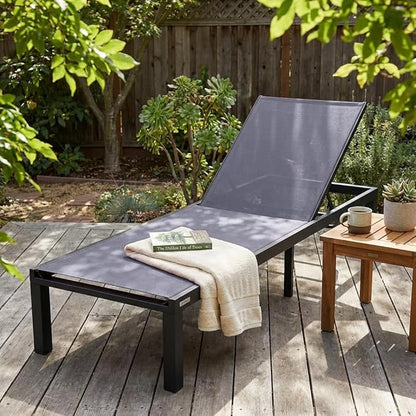 LeisureMod Marlin Aluminum Outdoor Chaise Lounge Chair - Mesh Sling Fabric Seat Black Aluminum Frame Beach, Pool Lounge Chair for Modern Patio Lawn, Garden and Backyard (Dark Grey)