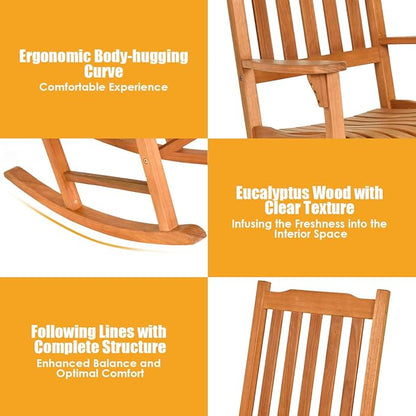 Giantex 3 Piece Patio Rocking Chair Set, Outdoor Wood Conversation Set w/ 2 Rockers & 1 Coffee Table, Eucalyptus Wooden Rocking Bistro Set for Backyard Porch Poolside Lawn