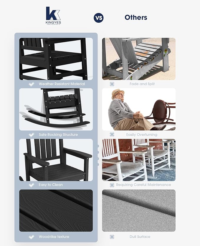 KINGYES Outdoor Rocking Chair Set of 4, HDPE Patio Rocking Chairs with 330lbs Support for Adults, Black