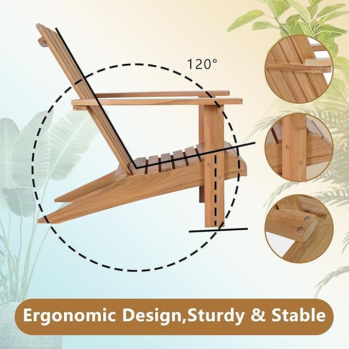 Outdoor Wooden Adirondack Chair, Teak Leisure Line Adirondack Chair All Weather Fire Pit Chair Suitable for Patio Lawn Gardens Terraces Poolside