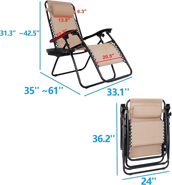 SUPER DEAL Zero Gravity Chair Set of 2 Folding Anti Gravity Recliner Outdoor Patio Beach Lounger Chair with Side Cup - Photo 3