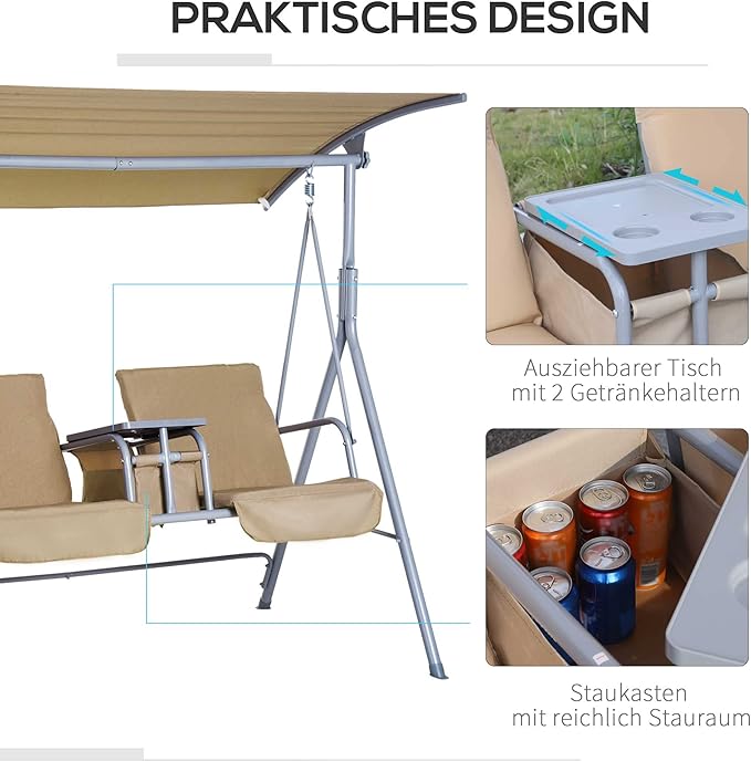 Outsunny 2 Person Porch Swing with Stand, Outdoor Swing with Canopy, Pivot Storage Table, 2 Cup Holders, Cushions for Patio, Backyard, Beige