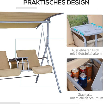 Outsunny 2 Person Porch Swing with Stand, Outdoor Swing with Canopy, Pivot Storage Table, 2 Cup Holders, Cushions for Patio, Backyard, Beige