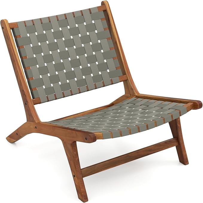 Tangkula Patio Teak Wood Chair, Outdoor Mid-Century Accent Chair with Nylon Webbing Seat & Back, for Backyard, Porch, Balcony or Poolside