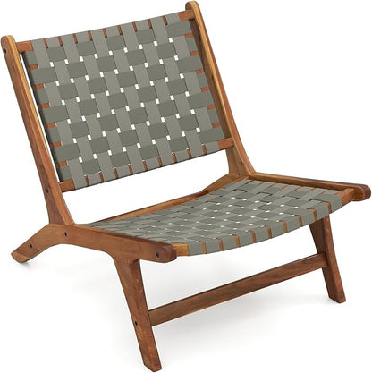Tangkula Patio Teak Wood Chair, Outdoor Mid-Century Accent Chair with Nylon Webbing Seat & Back, for Backyard, Porch, Balcony or Poolside
