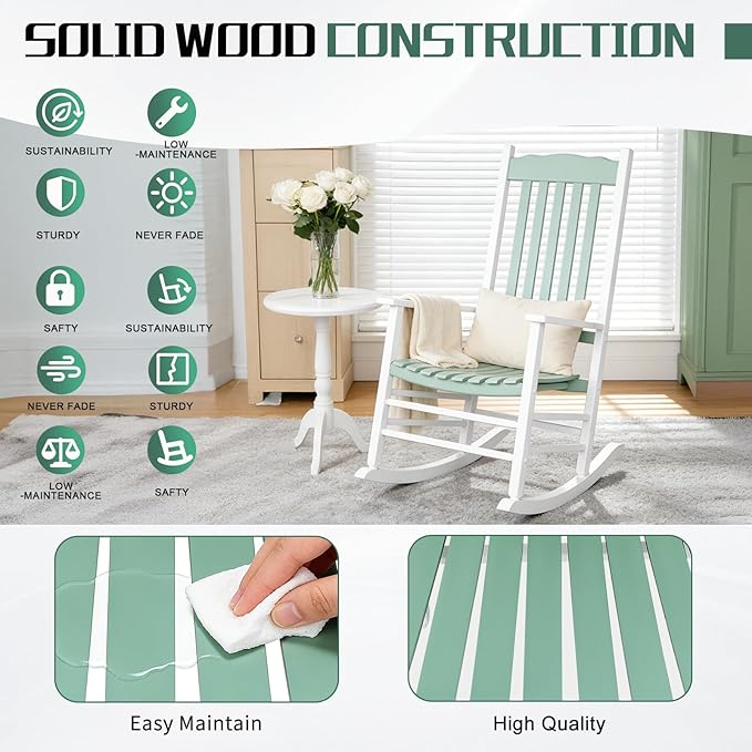 Outvita Outdoor Rocking Chair, Solid Wood High Back Rocker, All Weather Lounge Chair for Porch Patio Fire Pit Garden Backyard Deck Indoor, Wave Shape, White & Green
