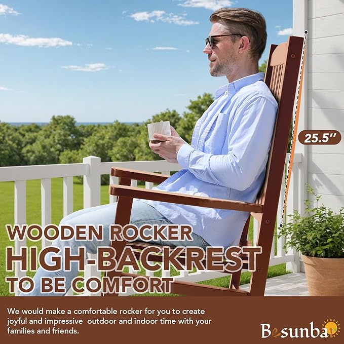 Wooden Outdoor Rocking Chair, Oversized Patio Rocking Chair w/400lbs Support & High Backrest | Porch, Lawn, Garden, Backyard，Natural
