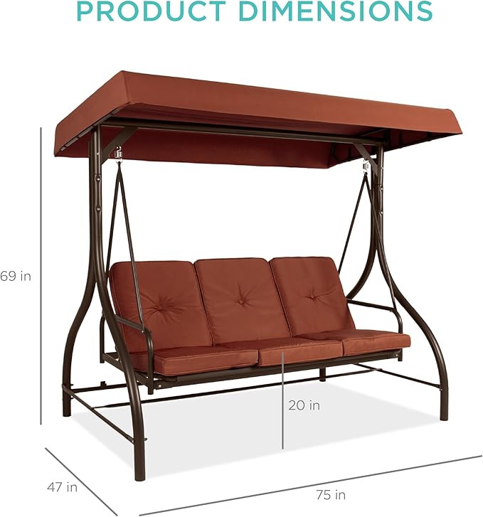 Best Choice Products 3-Seat Outdoor Large Converting Canopy Swing Glider, Patio Hammock Lounge Chair for Porch - Photo 6
